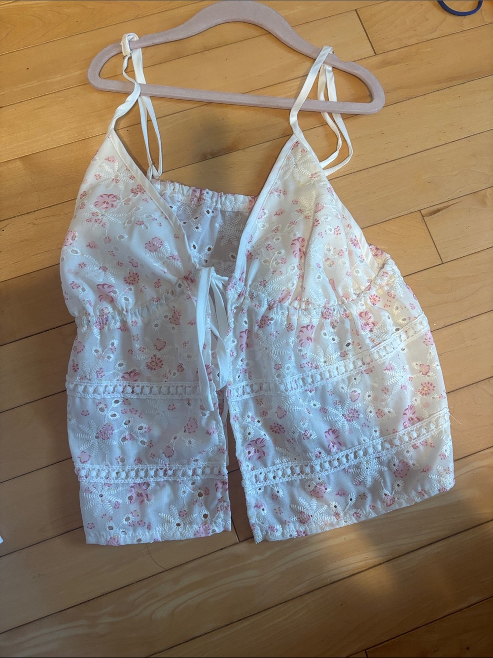 White Eyelet Floral Tie-Front Cami Top